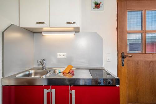a kitchen with a sink and red cabinets at Obst- Ferienhof Ragg in Immenstaad am Bodensee