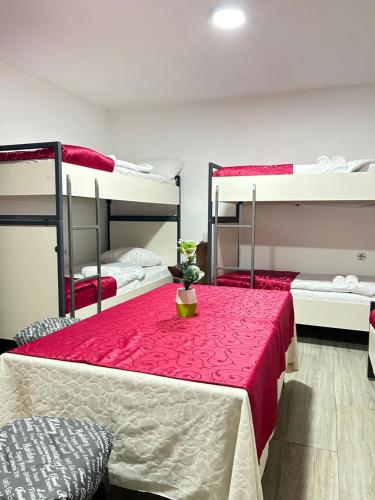 Pokój z 2 łóżkami piętrowymi i stołem w obiekcie Sneza w mieście Podgorica