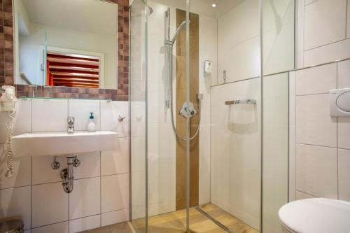 a bathroom with a shower and a sink and a toilet at Obst- Ferienhof Ragg in Immenstaad am Bodensee