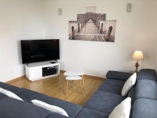 ein Wohnzimmer mit einem blauen Sofa und einem Flachbild-TV in der Unterkunft Coastal Breeze Apartment - Equihen-Plage in Équihen-Plage