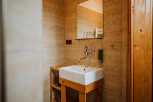 a bathroom with a white sink and wooden walls at Apartmány Velké Karlovice in Vsetín