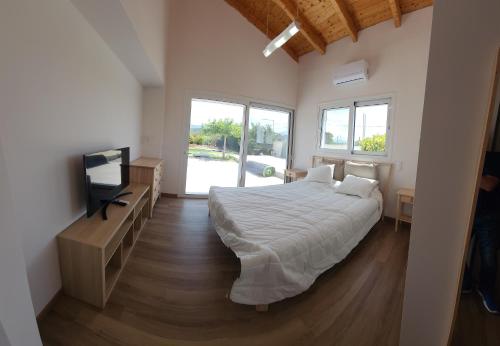 een slaapkamer met een bed en een televisie. bij Villa Eliya - Evia in Skála