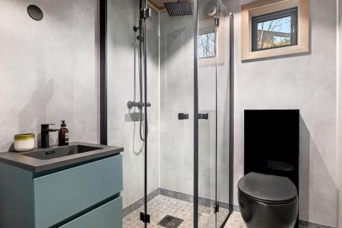 a bathroom with a shower and a toilet and a sink at Hytte med fjellutsikt til nydelig natur in Sogndal