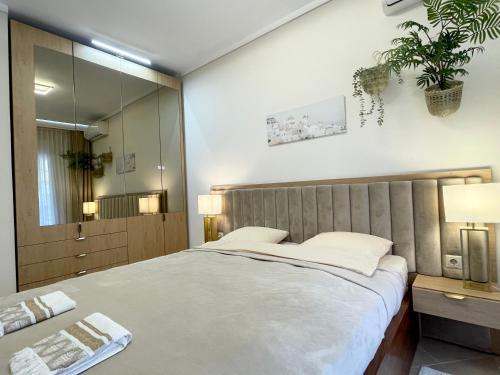 een slaapkamer met een groot bed en een spiegel bij Fterna Apartment in Perea