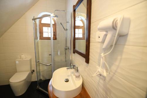 e bagno con servizi igienici, lavandino e doccia. di MIK Guesthouses Valbone a Kolgecaj