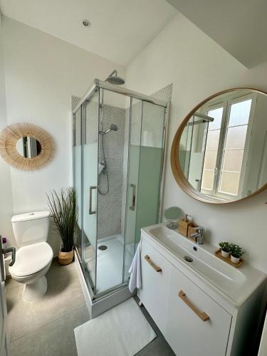 a bathroom with a shower and a toilet and a mirror at Royal Studio Massena in Nice