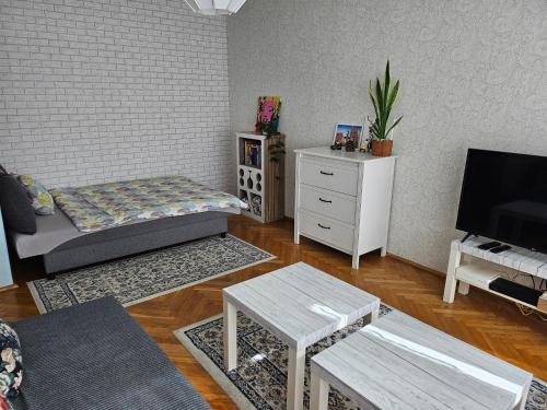 a living room with a couch and a tv at Studio Gdańsk Wrzeszcz in Gdańsk