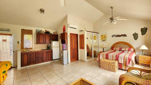 キャバレテにあるOcean Dream Artist Loft 1st See Lineの広いベッドルーム(ベッド1台付)、キッチンが備わります。