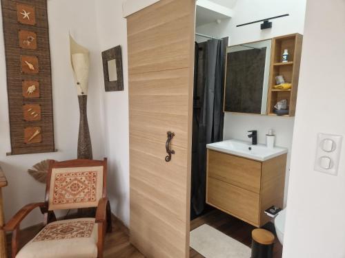 een kleine badkamer met een wastafel en een spiegel bij La Balinaise Chambre indépendante avec jardin et piscine proche Chantilly, PARC ASTERIX et gare TER pour PARIS en 19min, à 15 min de Roissy CDG in Orry-la-Ville