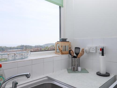 eine Küchentheke mit einem Waschbecken und einem Fenster in der Unterkunft Sunny Bank in Torquay