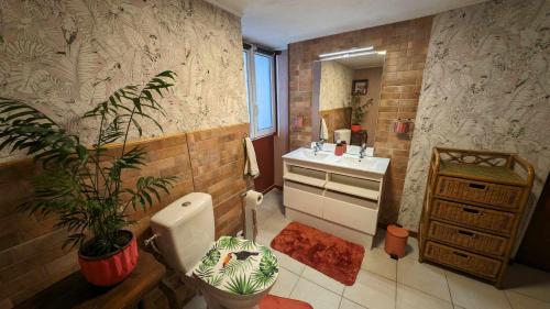 La salle de bains est pourvue de toilettes, d'un lavabo et d'une plante. dans l'établissement Studio 35m², Terrasse & Cuisine proche Carcassonne, à Montclar
