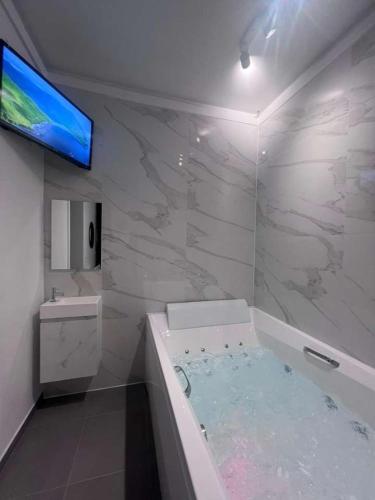uma casa de banho com banheira e uma televisão na parede em La Suite Liege em Seraing