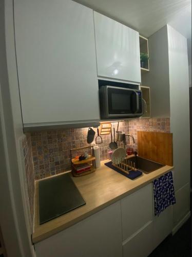 un comptoir de cuisine avec un évier et un micro-ondes dans l'établissement Studio neuf cozy avec balcon, 11e arr Voltaire, proche Bastille, à Paris