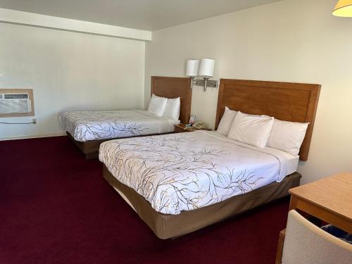 a hotel room with two beds and a desk at VISTA VILLA MOTEL in Ludington