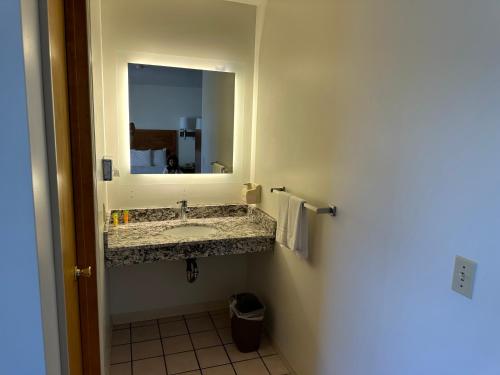 VISTA VILLA MOTEL في لودينغتون: حمام مع حوض ومرآة