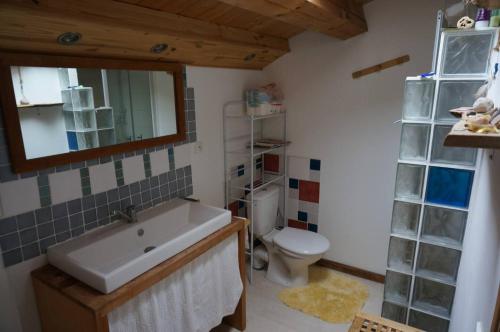 een badkamer met een wastafel, een toilet en een spiegel bij maison de village, a la semaine min, bord de mer in Les Sables Vignier
