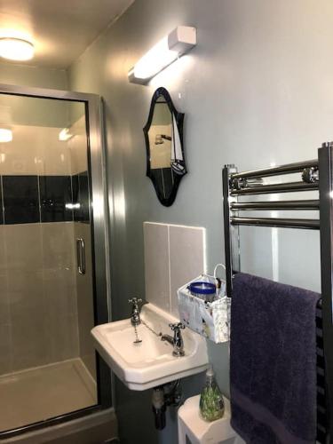 a bathroom with a sink and a shower and a toilet at The Apple Press - Sweethay in Taunton
