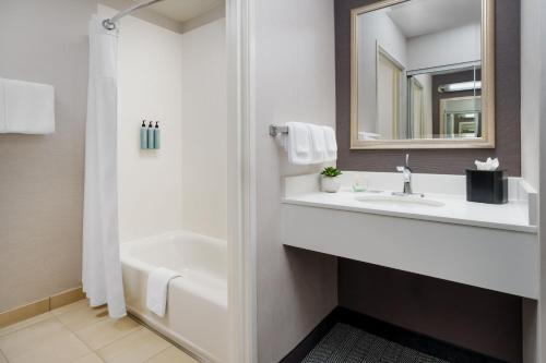 een witte badkamer met een wastafel en een spiegel bij Courtyard by Marriott Sacramento Folsom in Folsom