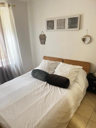 un lit avec un oreiller noir dessus dans l'établissement Charmant T1 à 5 min à pieds du centre ville !, à Béziers