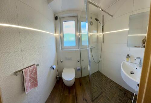 a bathroom with a toilet and a sink and a shower at Margarita in Löchgau