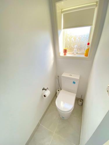 a small bathroom with a toilet and a window at Coastal Charm in Patons Rock in Rangihaeata