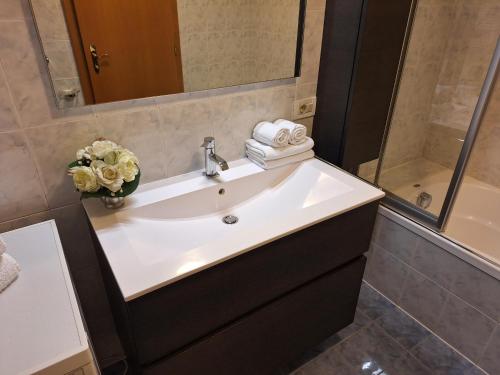 a bathroom with a white sink and a shower at Apartments Insam in Santa Cristina in Val Gardena
