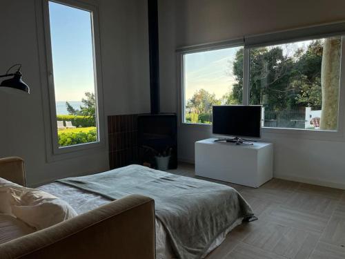 穆特里庫的住宿－Monte y playa junto al mar，一间卧室设有一张床、一台电视和两个窗户。