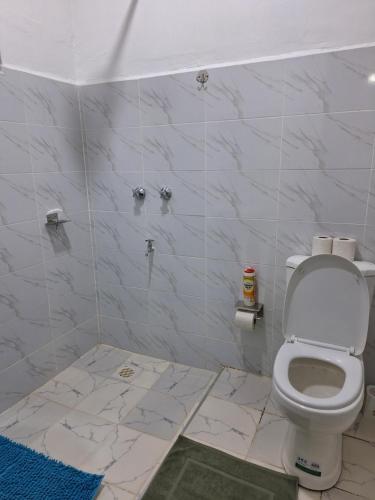a bathroom with a toilet and a tiled wall at Mellow Homes 3 - Own compound in Kitengela 