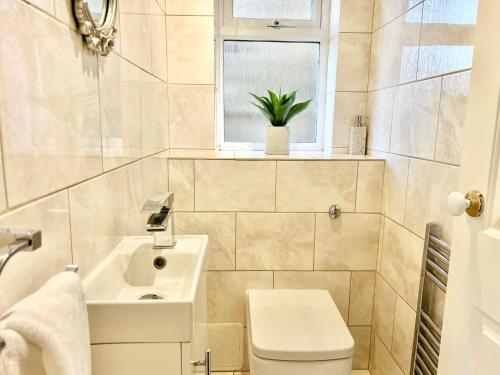 ein Bad mit einem Waschbecken, einem WC und einem Fenster in der Unterkunft Coniston Green Holiday Home in Wetherby