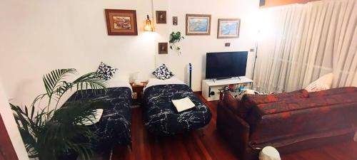 Castro-urdiales Apartamento compartido o entero في كاسترو أورديالس: غرفة معيشة مع أريكة وتلفزيون بشاشة مسطحة