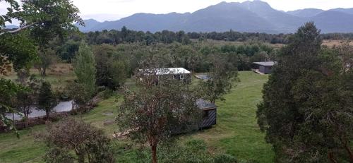 El Refugio Escondido في Puelo: اطلالة جوية على بيت في ميدان فيه اشجار