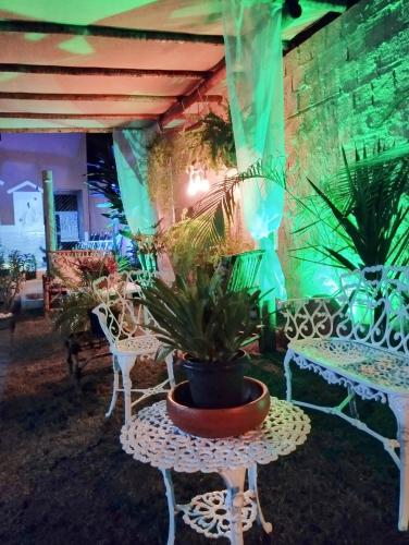 a patio with chairs and a potted plant on a table at Pousada Ray Sol - Centro Arraial d Ajuda in Arraial d'Ajuda