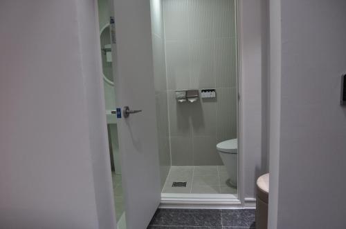 a bathroom with a shower and a toilet at HOUND Hotel Sangmu in Gwangju