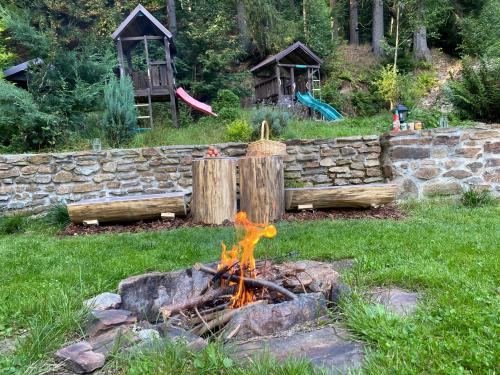 a fire pit in a yard with a playground at Alba Apartmany Železná Ruda in Železná Ruda