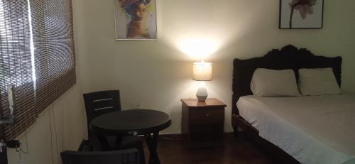 a bedroom with a bed and a table with a lamp at Residencial derosas 