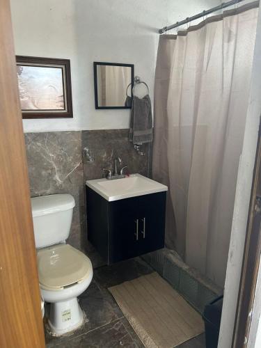 a bathroom with a toilet and a sink and a shower at La Casita de Carranza in Cuatrociénegas de Carranza