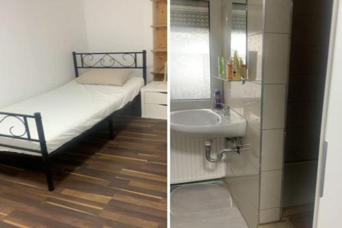 two pictures of a bedroom with a bed and a sink at Gemütliches freistehendes Haus in der Nähe von Frankfurt in Kelkheim
