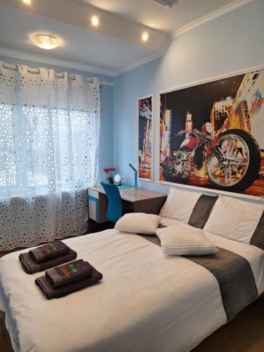 a bedroom with a large bed with a bike on the wall at B&B Sandra in Alūksne