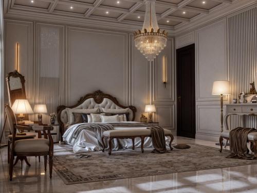 - une chambre avec un grand lit et un lustre dans l'établissement Nawab Estate Resort and Residencia, à Lassān