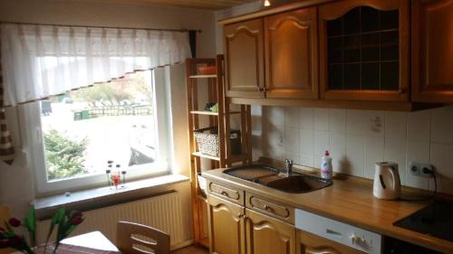a kitchen with a sink and a window at Haus-zur-Entspannung in Albertsdorf