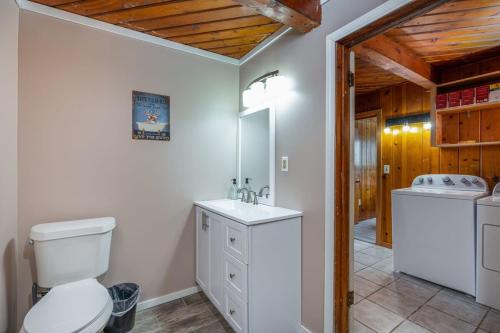 La salle de bains est pourvue de toilettes blanches et d'un lavabo. dans l'établissement 3BR Fife Lake Getaway with Fire Pit & Hot Tub, à Fife Lake