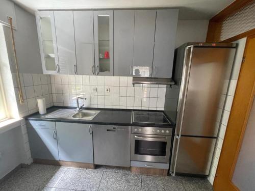 eine Küche mit einem Kühlschrank aus Edelstahl und einer Spüle in der Unterkunft Apartment Köln Porz in Köln