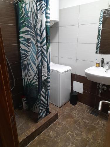 Łazienka z zasłoną prysznicową obok umywalki w obiekcie Room for women or couples w Lublanie