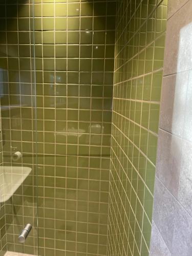 a bathroom with green tiled walls and a shower at Trakt Forest Hotel Skogssviter in Holsbybrunn