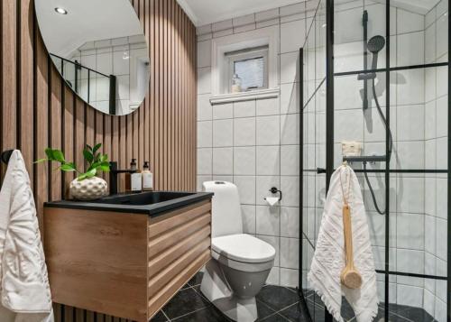 a bathroom with a toilet and a sink and a mirror at Charming Town House in Centrum in Bergen