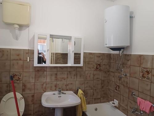 a bathroom with a sink and a toilet and a mirror at Kamnita hiša in Koper