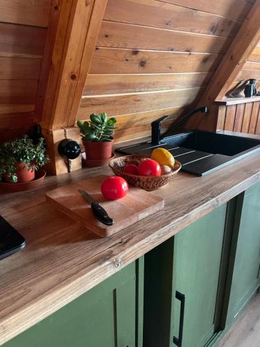 um balcão de cozinha com uma tigela de fruta e um lavatório em Hrách a lusk em Pňovany