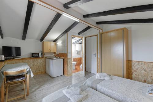um quarto amplo com 2 camas e uma cozinha em Apartments Smile em Grožnjan