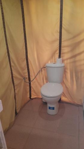 a bathroom with a toilet in a tent at camp erg znaigui in Taouz