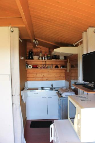 une petite cuisine avec un évier et une cuisinière dans l'établissement chalet au cœur des bois, à La Salvetat-sur-Agout